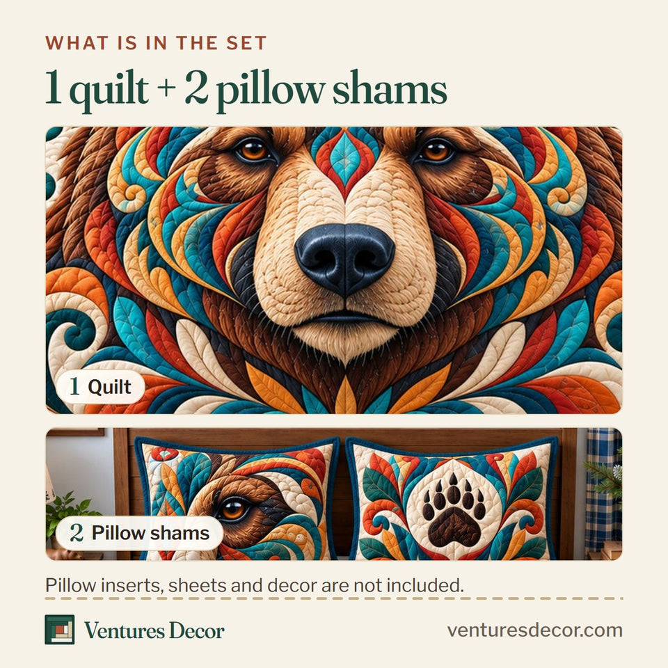 What is in the set: one quilt and two pillow shams, shown in the Rustic Bear Retreat Quilt Set, 3-Piece Quilted Bedding with 2 Pillow Shams design