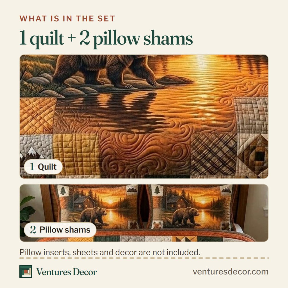 What is in the set: one quilt and two pillow shams, shown in the Rustic Bear Sunset Lake Cabin Blocks design