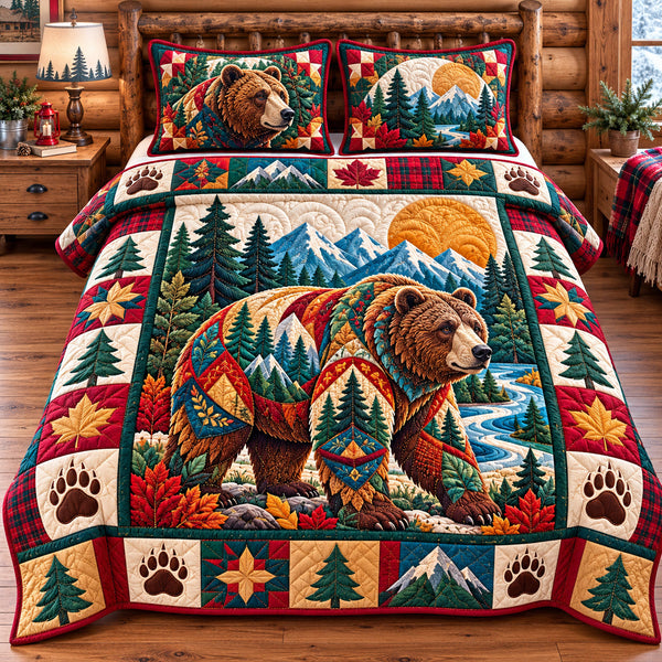 Rustic Bear Wilderness quilted bedding set, quilt and two pillow shams on a made bed