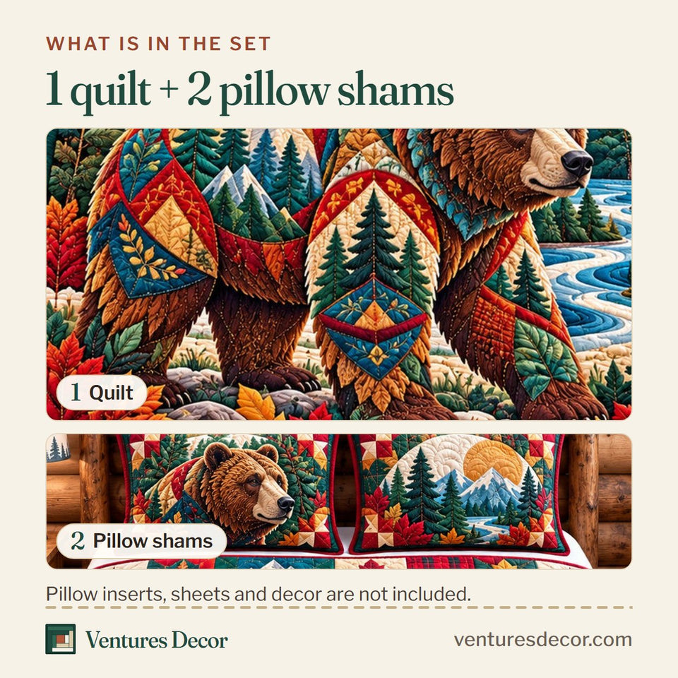 What is in the set: one quilt and two pillow shams, shown in the Rustic Bear Wilderness Quilt Set, 3-Piece Quilted Bedding with 2 Pillow Shams design