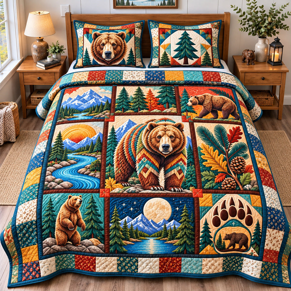 Rustic Bear Woodland quilted bedding set, quilt and two pillow shams on a made bed