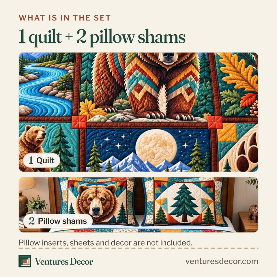 What is in the set: one quilt and two pillow shams, shown in the Rustic Bear Woodland Quilt Set, 3-Piece Quilted Bedding with 2 Pillow Shams design