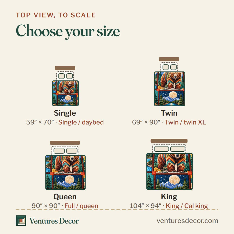 Size guide for the Rustic Bear Woodland Quilt Set, 3-Piece Quilted Bedding with 2 Pillow Shams quilt, top view to scale: Single 59 x 70 in, Twin 69 x 90 in, Queen 90 x 90 in, King 104 x 94 in