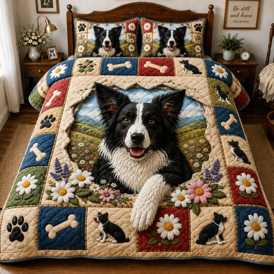 Rustic Border Collie quilted bedding set, quilt and two pillow shams on a made bed