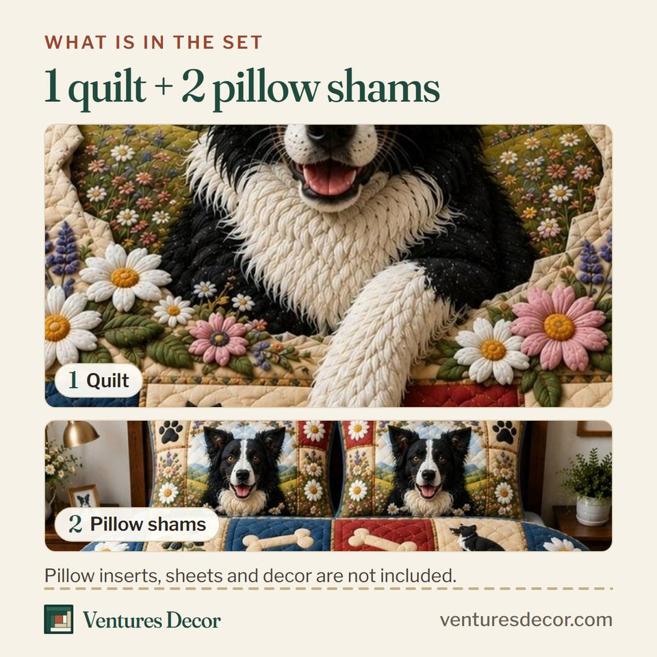 What is in the set: one quilt and two pillow shams, shown in the Rustic Border Collie design