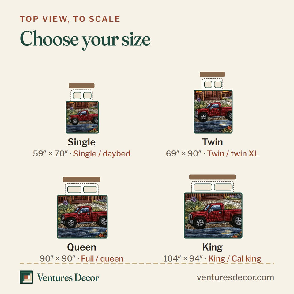Size guide for the Rustic Cabin Blue Lake Truck and Rowboat quilt, top view to scale: Single 59 x 70 in, Twin 69 x 90 in, Queen 90 x 90 in, King 104 x 94 in