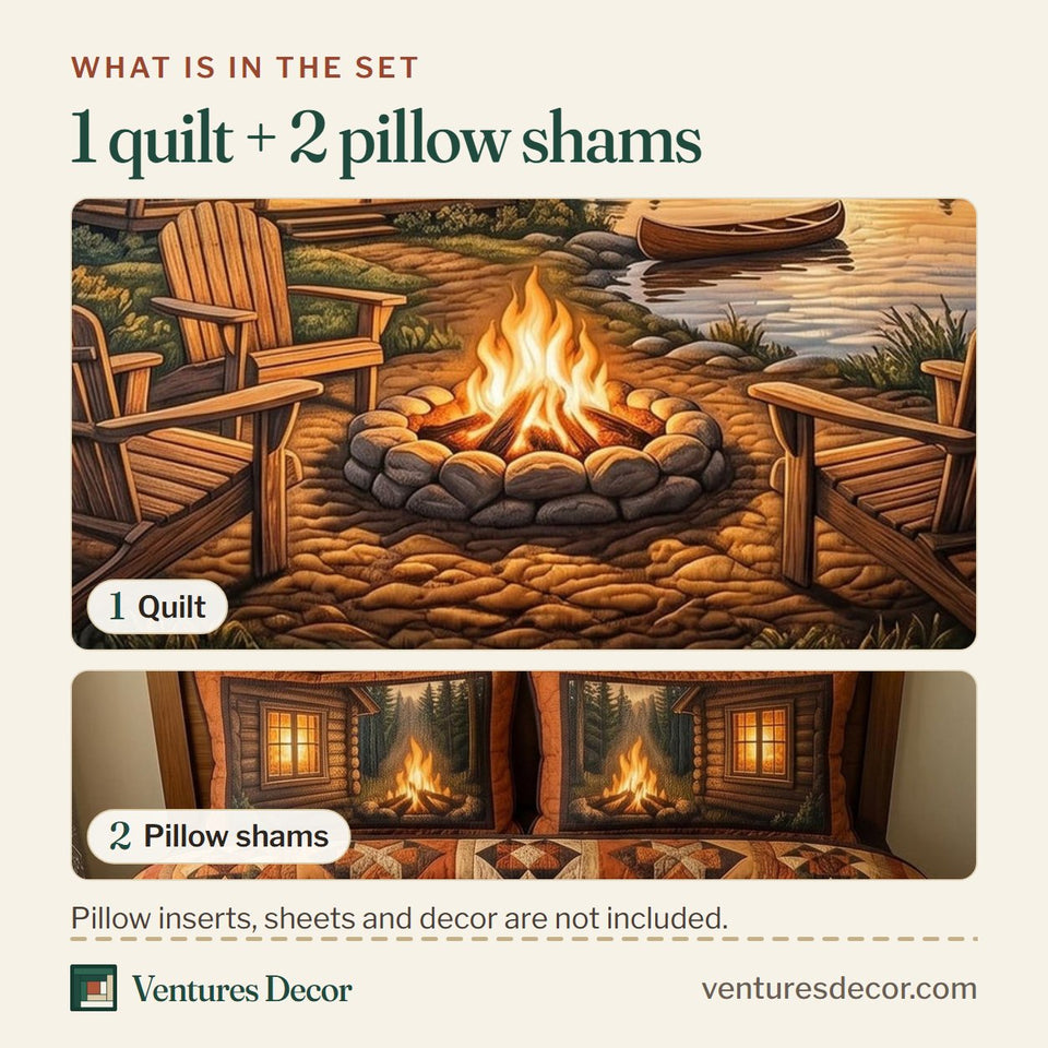 What is in the set: one quilt and two pillow shams, shown in the Rustic Cabin Campfire and Chairs design