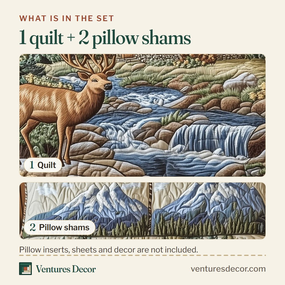 What is in the set: one quilt and two pillow shams, shown in the Rustic Cabin Elk by Mountain Stream design