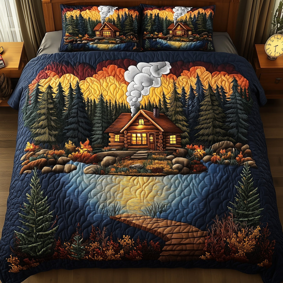 Rustic Cabin Fiery Treeline Dark Lake quilted bedding set, quilt and two pillow shams on a made bed