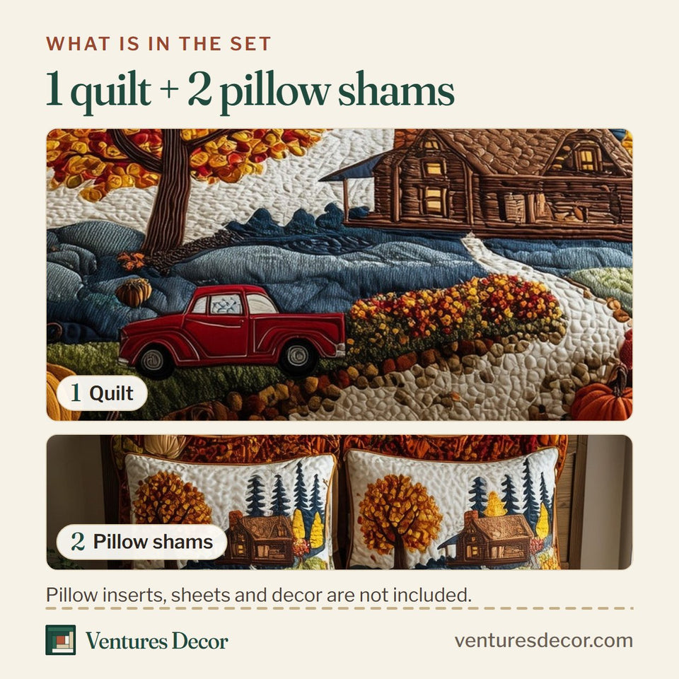 What is in the set: one quilt and two pillow shams, shown in the Rustic Cabin Golden Maple Roadside design