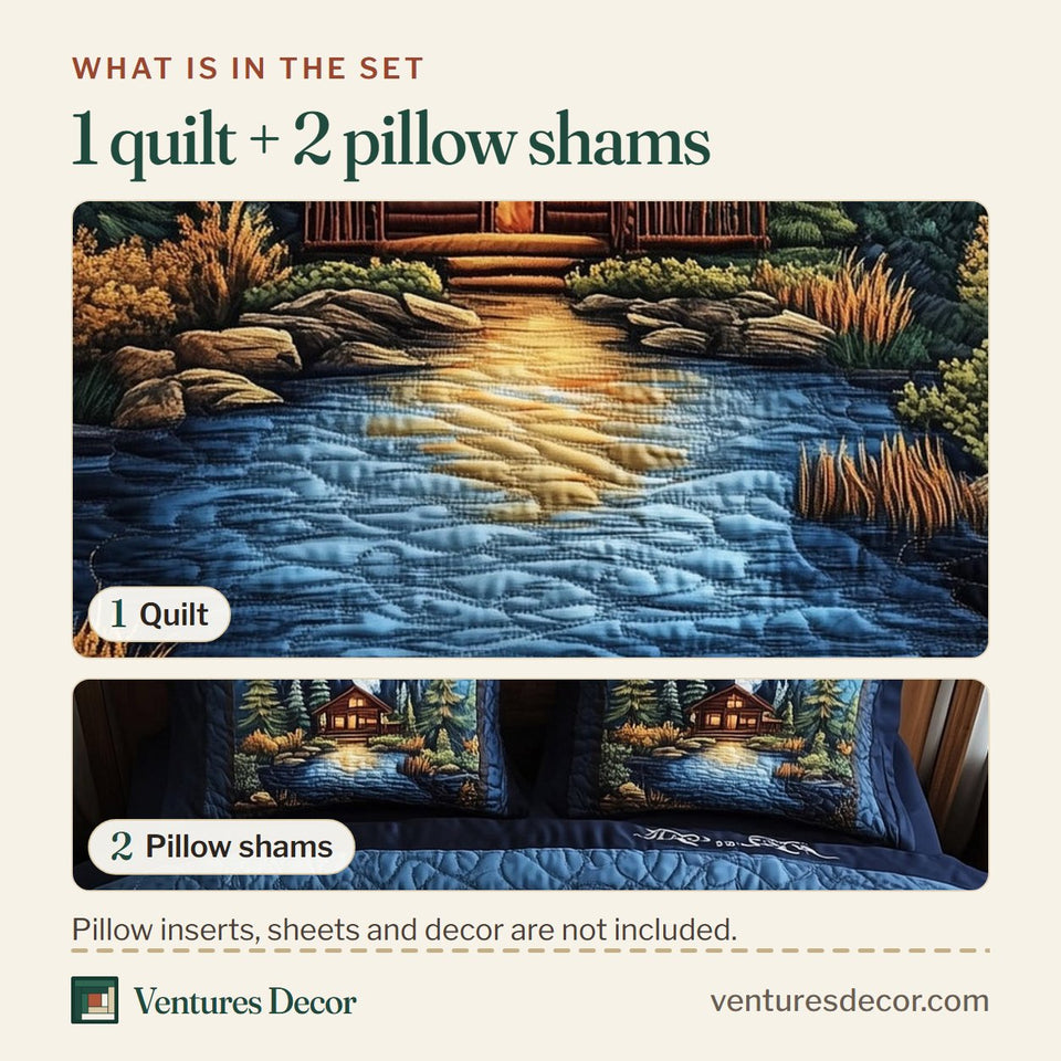 What is in the set: one quilt and two pillow shams, shown in the Rustic Cabin Navy River Chimney Smoke design