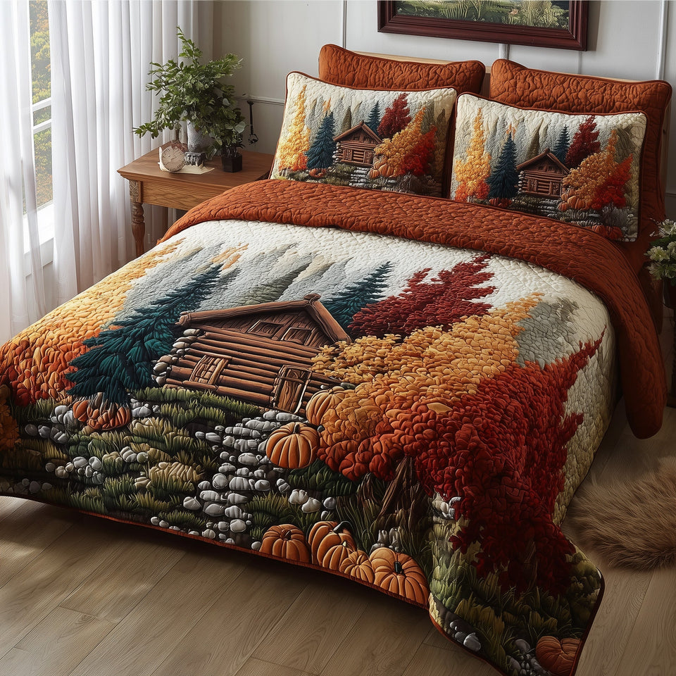 Rustic Cabin Orange Trim Autumn Hillside quilted bedding set, quilt and two pillow shams on a made bed