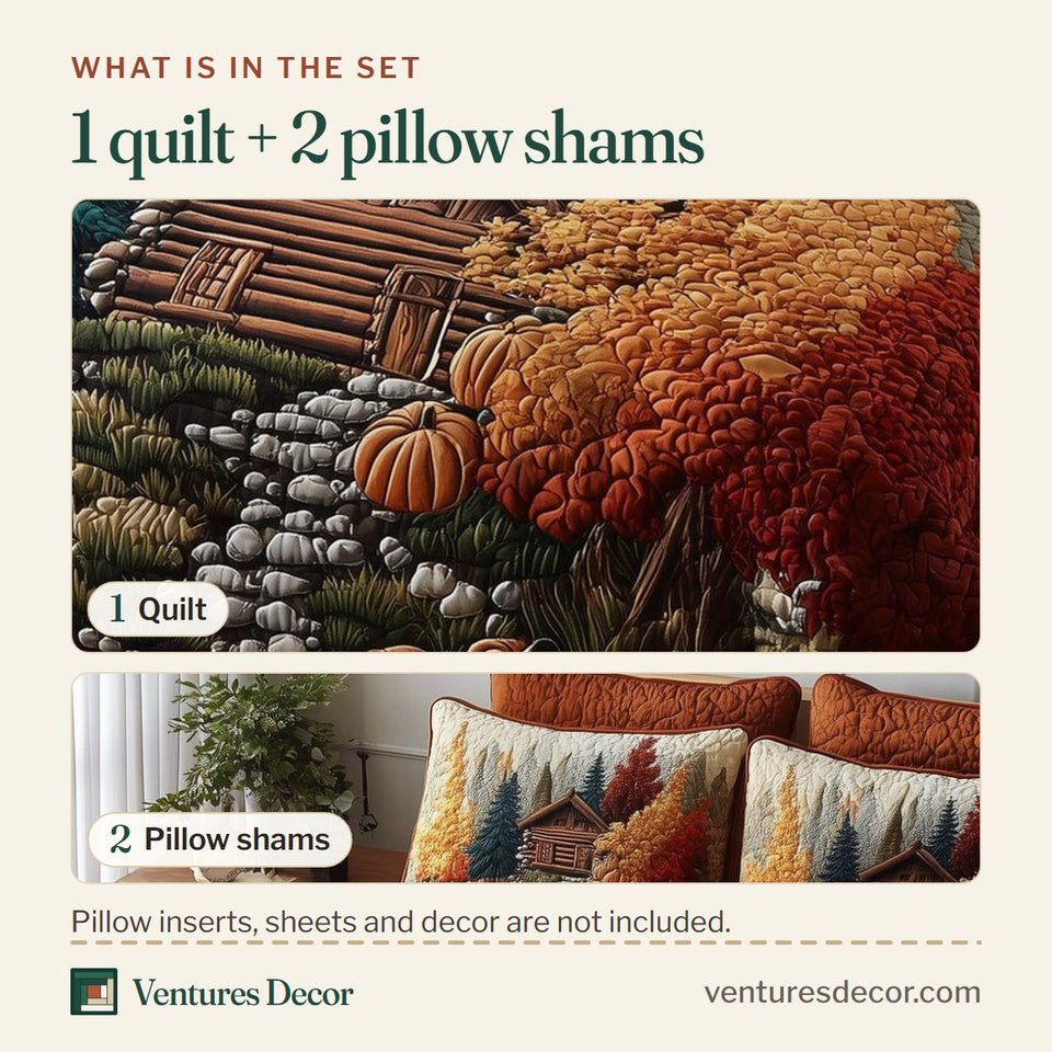 What is in the set: one quilt and two pillow shams, shown in the Rustic Cabin Orange Trim Autumn Hillside design