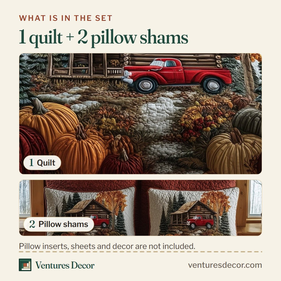 What is in the set: one quilt and two pillow shams, shown in the Rustic Cabin White Ground Pumpkin Row design