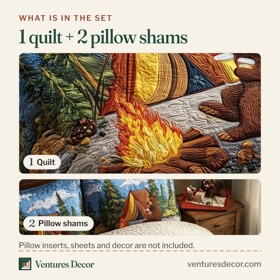 What is in the set: one quilt and two pillow shams, shown in the Rustic Campfire Bear Warming by the Flames design