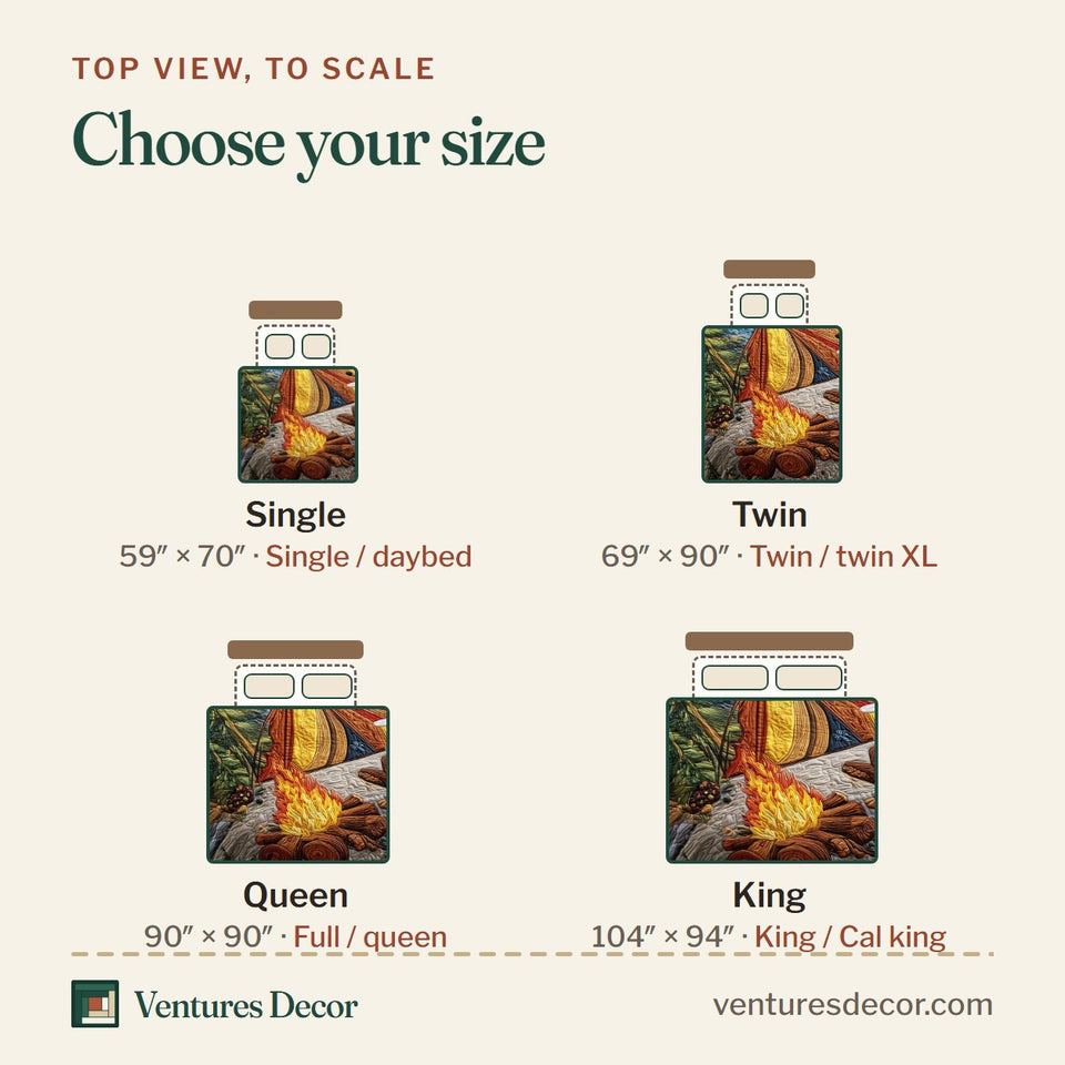 Size guide for the Rustic Campfire Bear Warming by the Flames quilt, top view to scale: Single 59 x 70 in, Twin 69 x 90 in, Queen 90 x 90 in, King 104 x 94 in