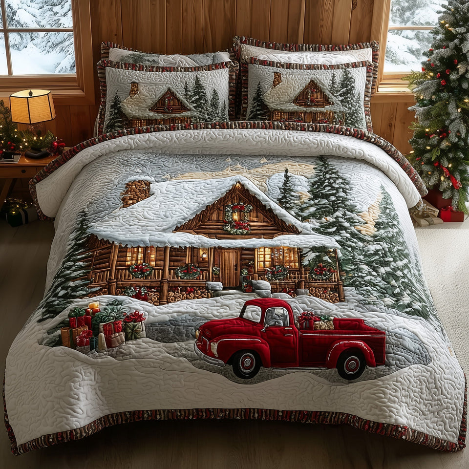 Rustic Christmas Haven Truck quilted bedding set, quilt and two pillow shams on a made bed