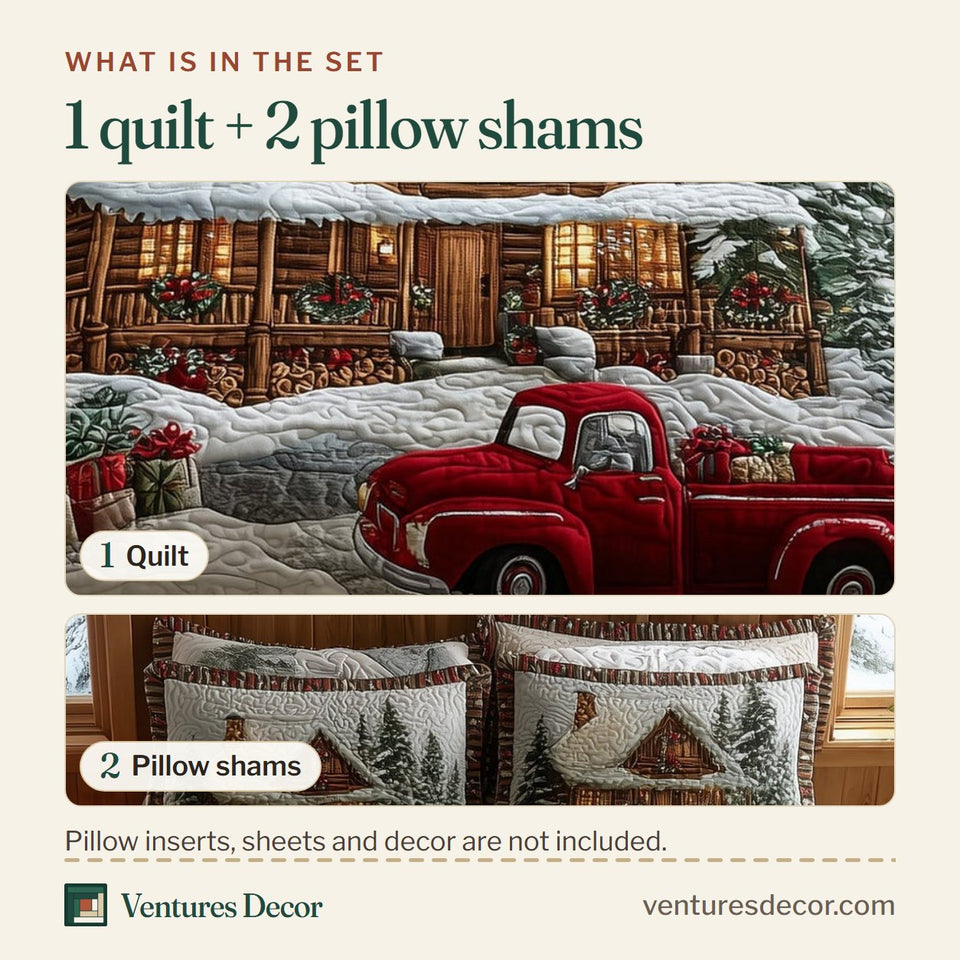 What is in the set: one quilt and two pillow shams, shown in the Rustic Christmas Haven Truck design