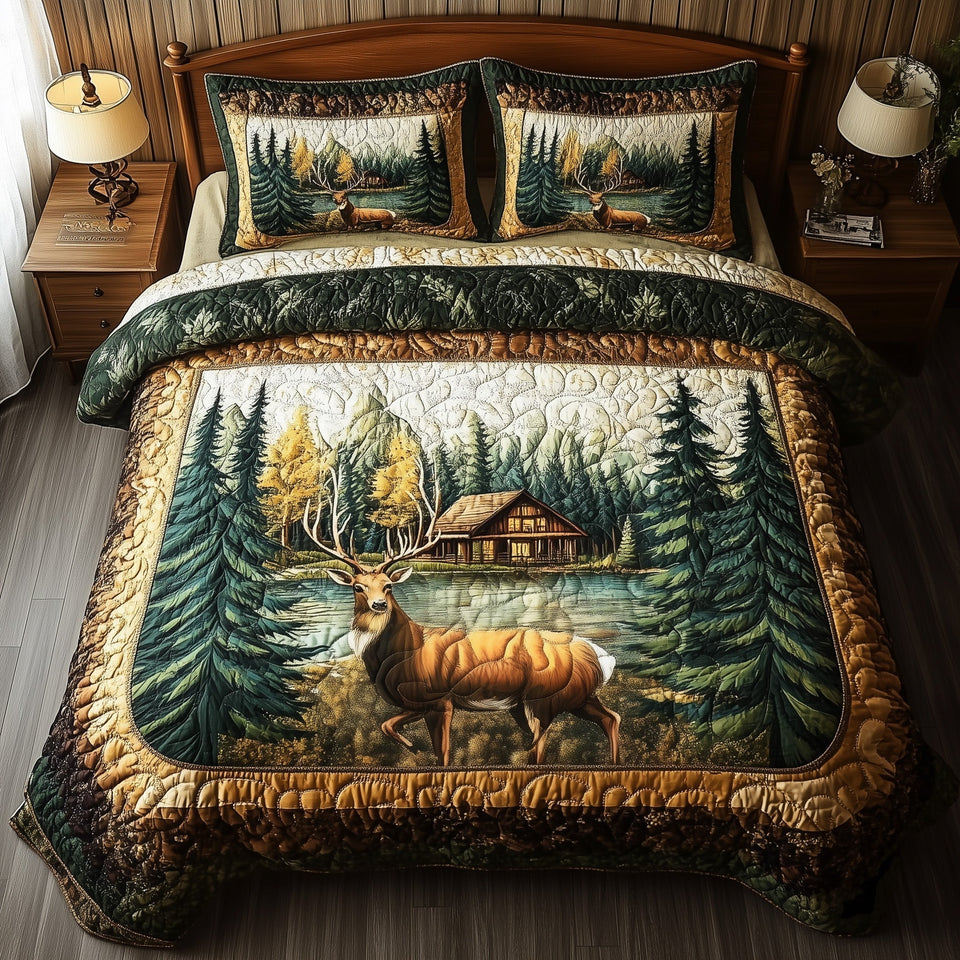 Rustic Deer Cabin on the Quiet Lake quilted bedding set, quilt and two pillow shams on a made bed