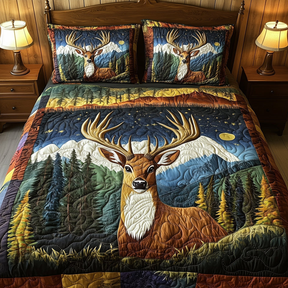 Rustic Deer Moonrise Over the Pines quilted bedding set, quilt and two pillow shams on a made bed