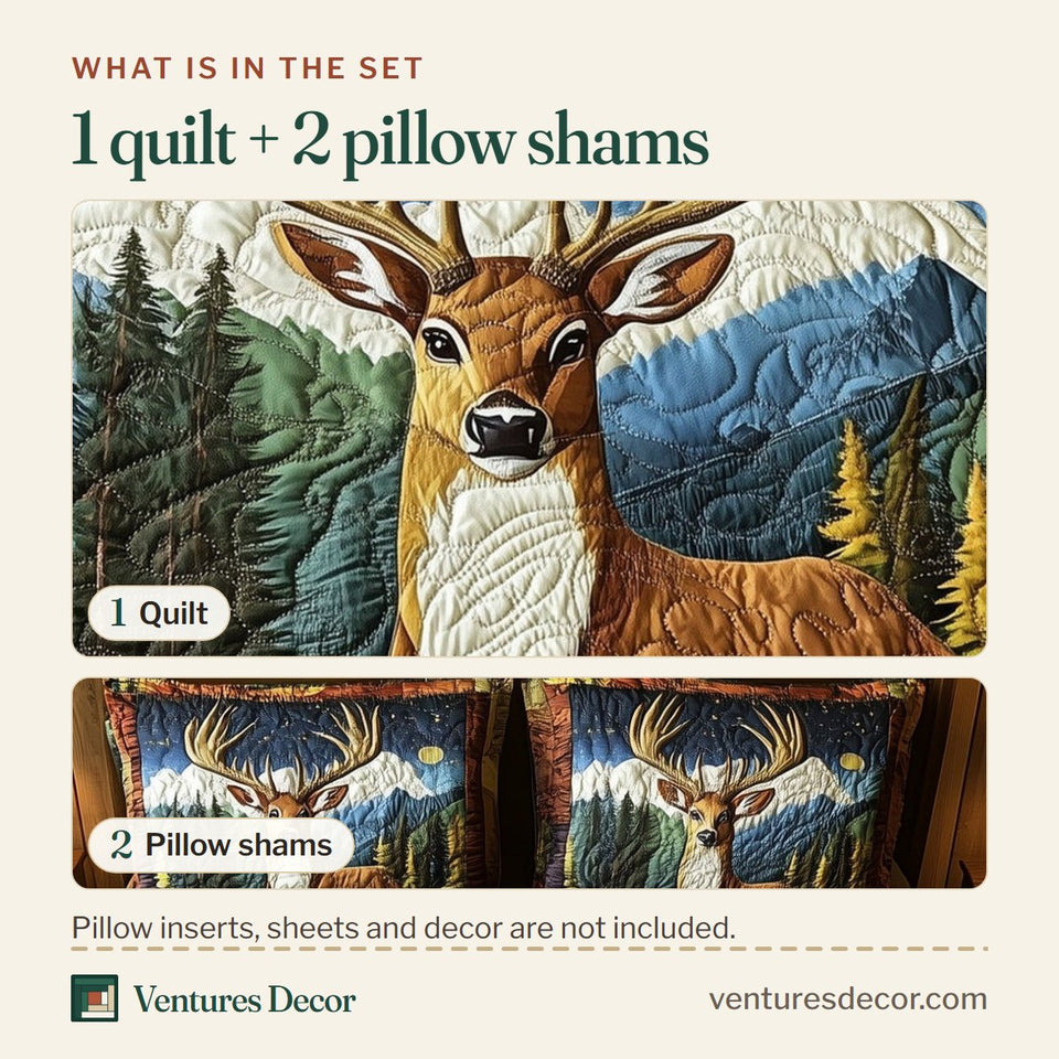 What is in the set: one quilt and two pillow shams, shown in the Rustic Deer Moonrise Over the Pines design