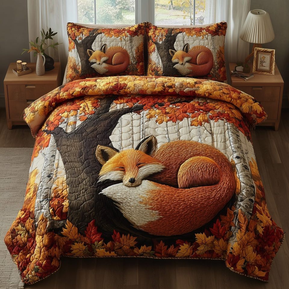 Rustic Fall Fox Curled Asleep by the Trunk quilted bedding set, quilt and two pillow shams on a made bed