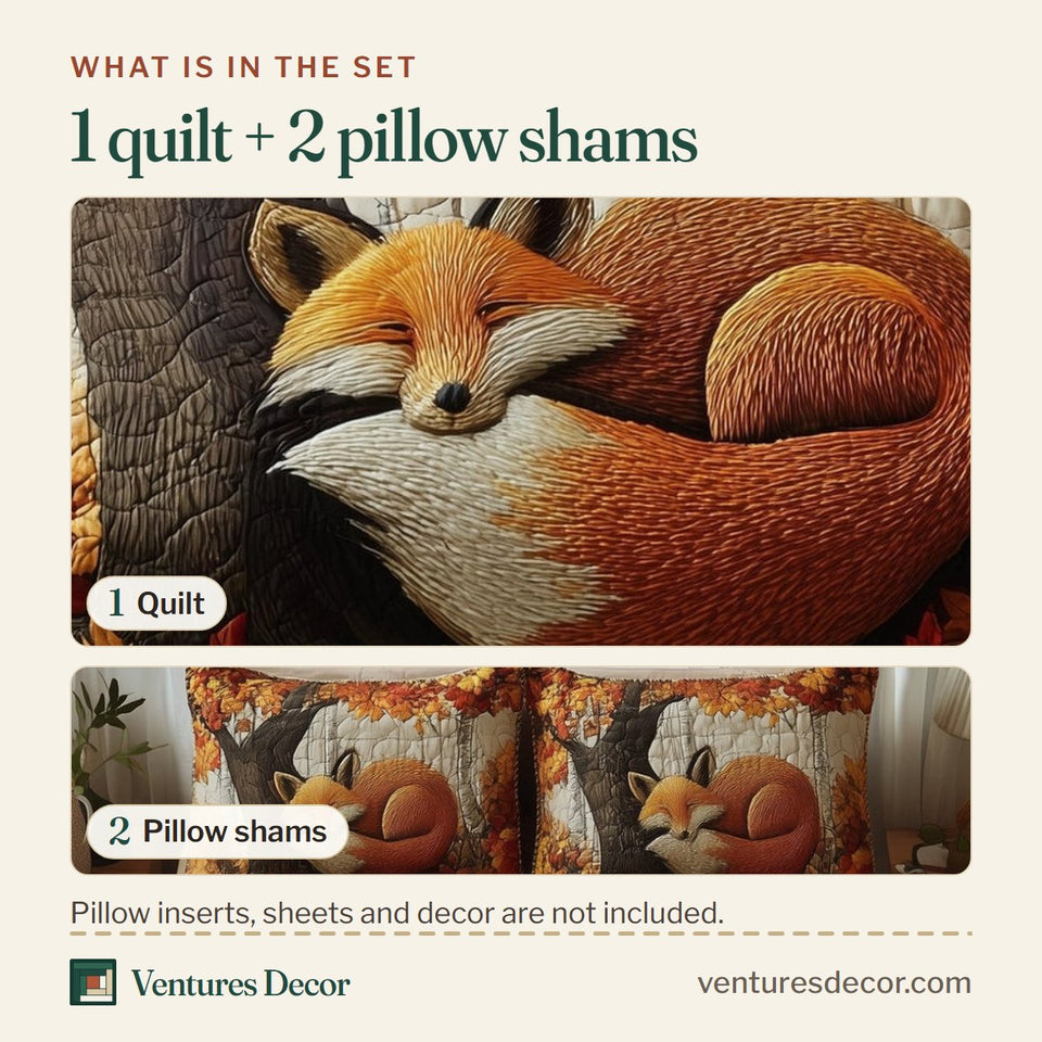 What is in the set: one quilt and two pillow shams, shown in the Rustic Fall Fox Curled Asleep by the Trunk design