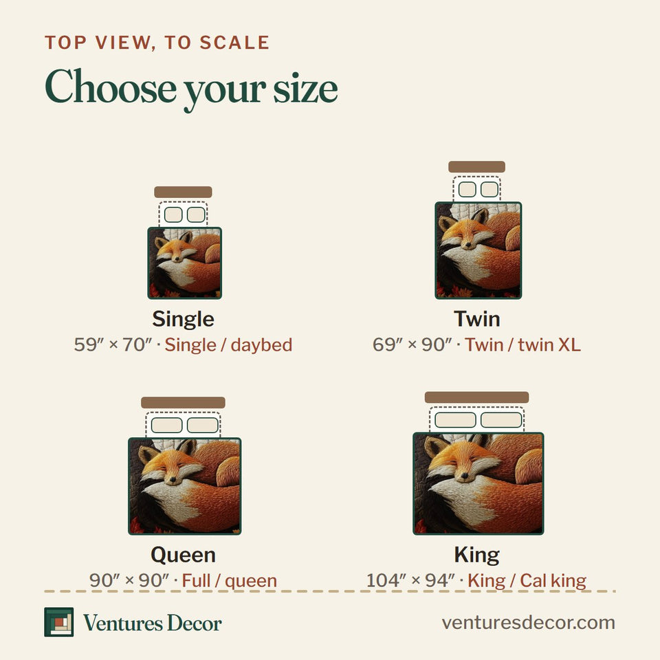 Size guide for the Rustic Fall Fox Curled Asleep by the Trunk quilt, top view to scale: Single 59 x 70 in, Twin 69 x 90 in, Queen 90 x 90 in, King 104 x 94 in