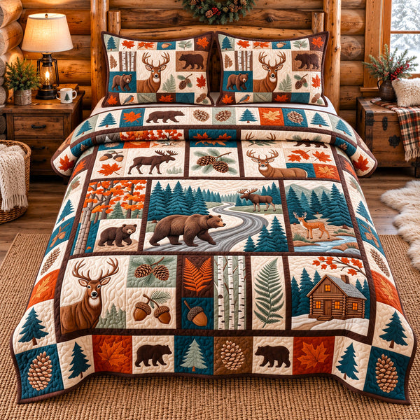 Rustic Forest Patchwork quilted bedding set, quilt and two pillow shams on a made bed