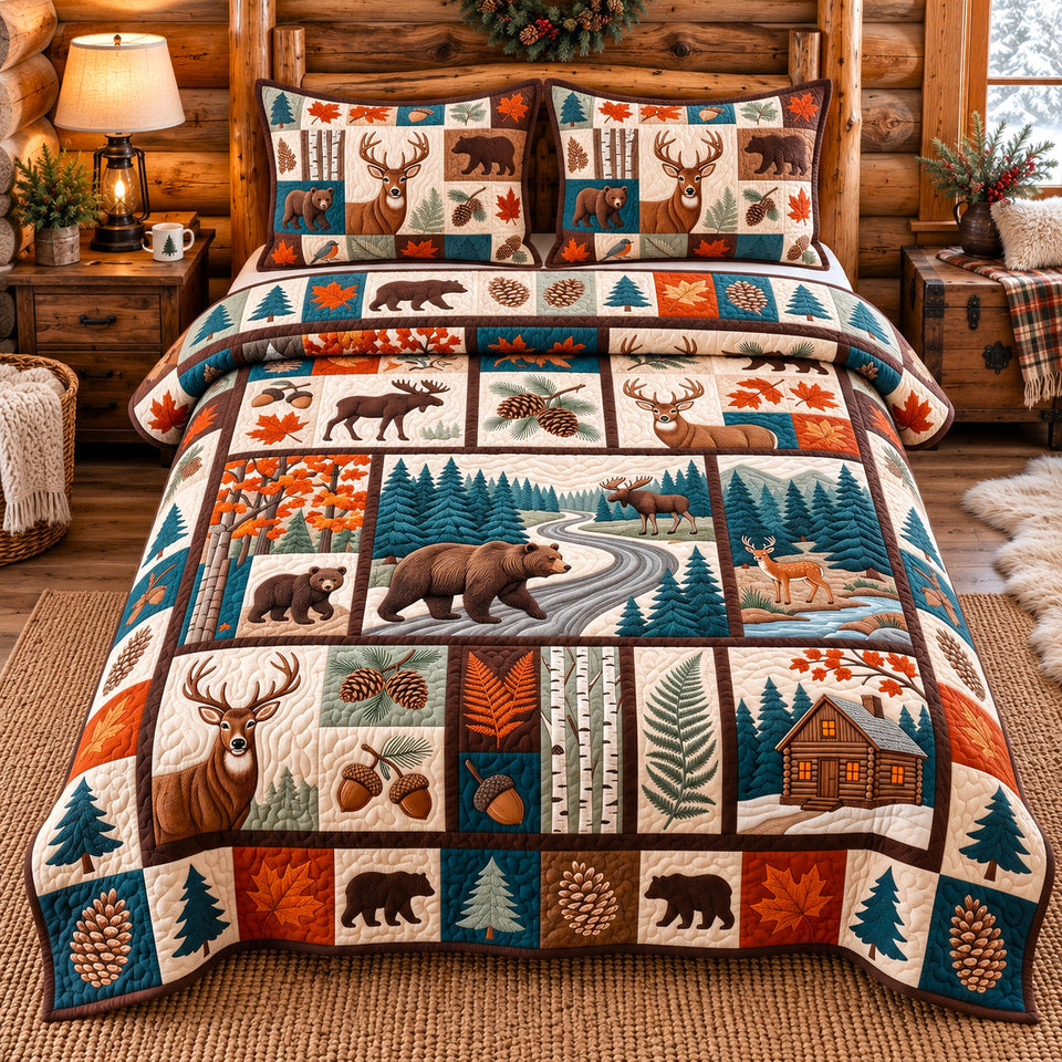 Rustic Forest Patchwork quilted bedding set, quilt and two pillow shams on a made bed