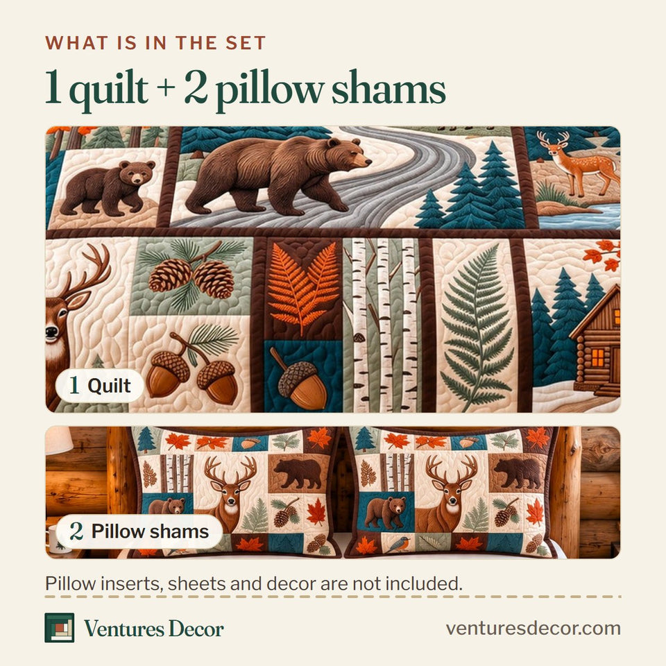 What is in the set: one quilt and two pillow shams, shown in the Rustic Forest Patchwork Quilt Set, 3-Piece Quilted Bedding with 2 Pillow Shams design