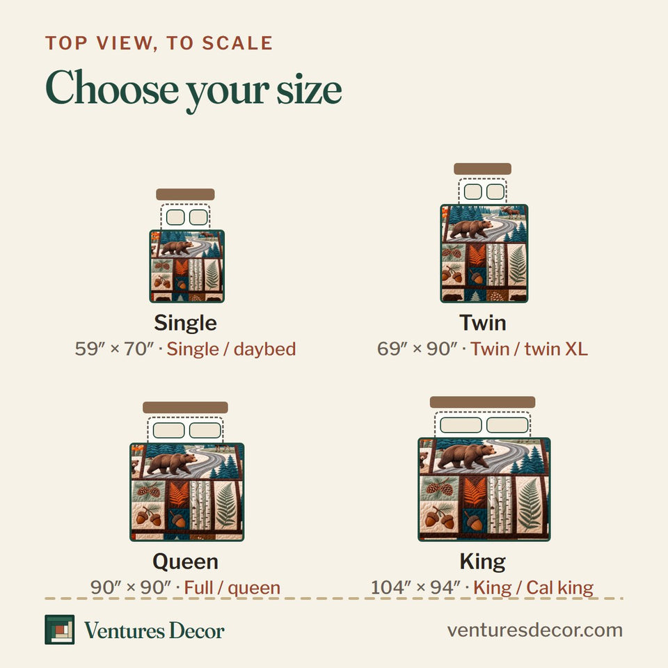 Size guide for the Rustic Forest Patchwork Quilt Set, 3-Piece Quilted Bedding with 2 Pillow Shams quilt, top view to scale: Single 59 x 70 in, Twin 69 x 90 in, Queen 90 x 90 in, King 104 x 94 in