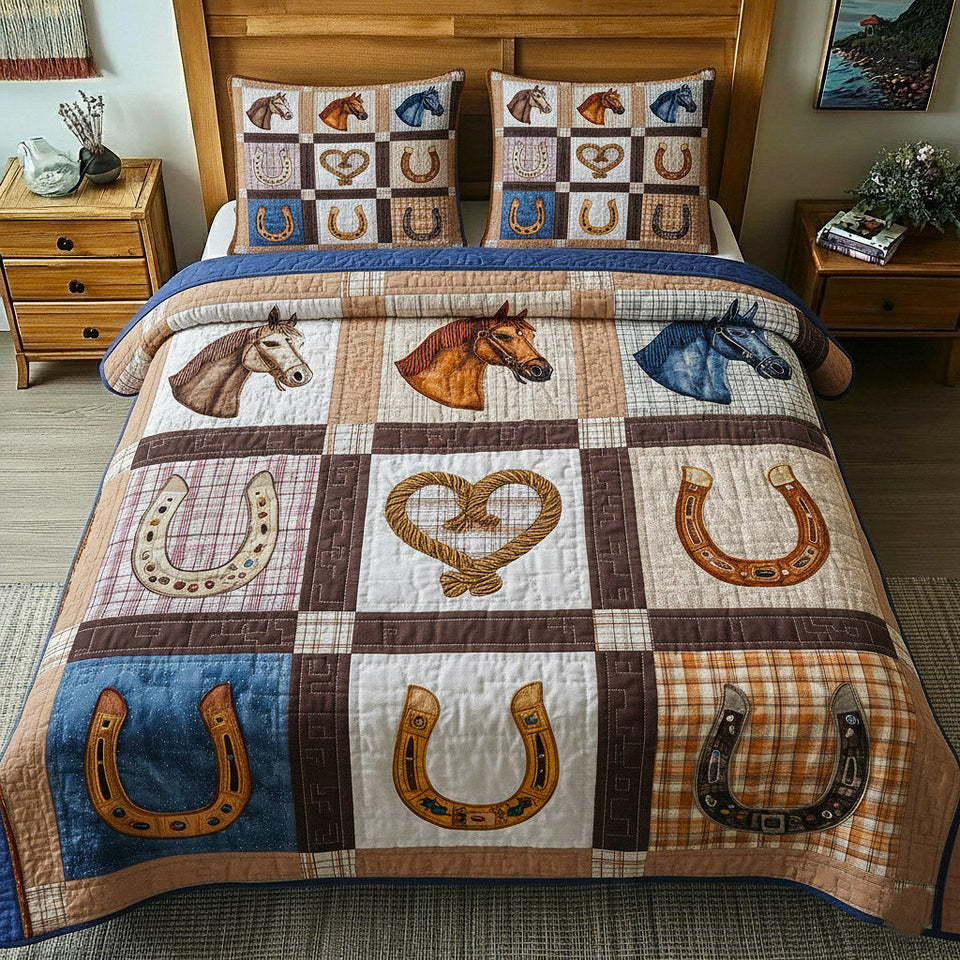 Rustic Gallop Horseshoe Checkerboard quilted bedding set, quilt and two pillow shams on a made bed