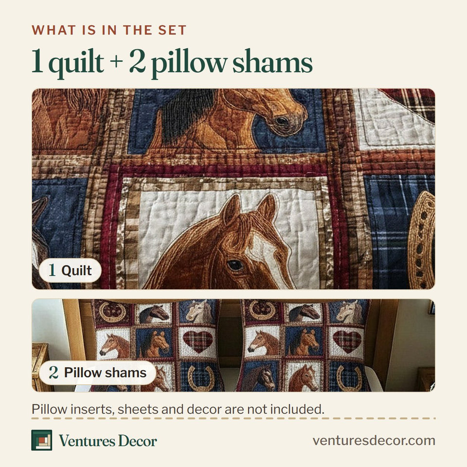 What is in the set: one quilt and two pillow shams, shown in the Rustic Gallop Navy Blocks with Hearts design