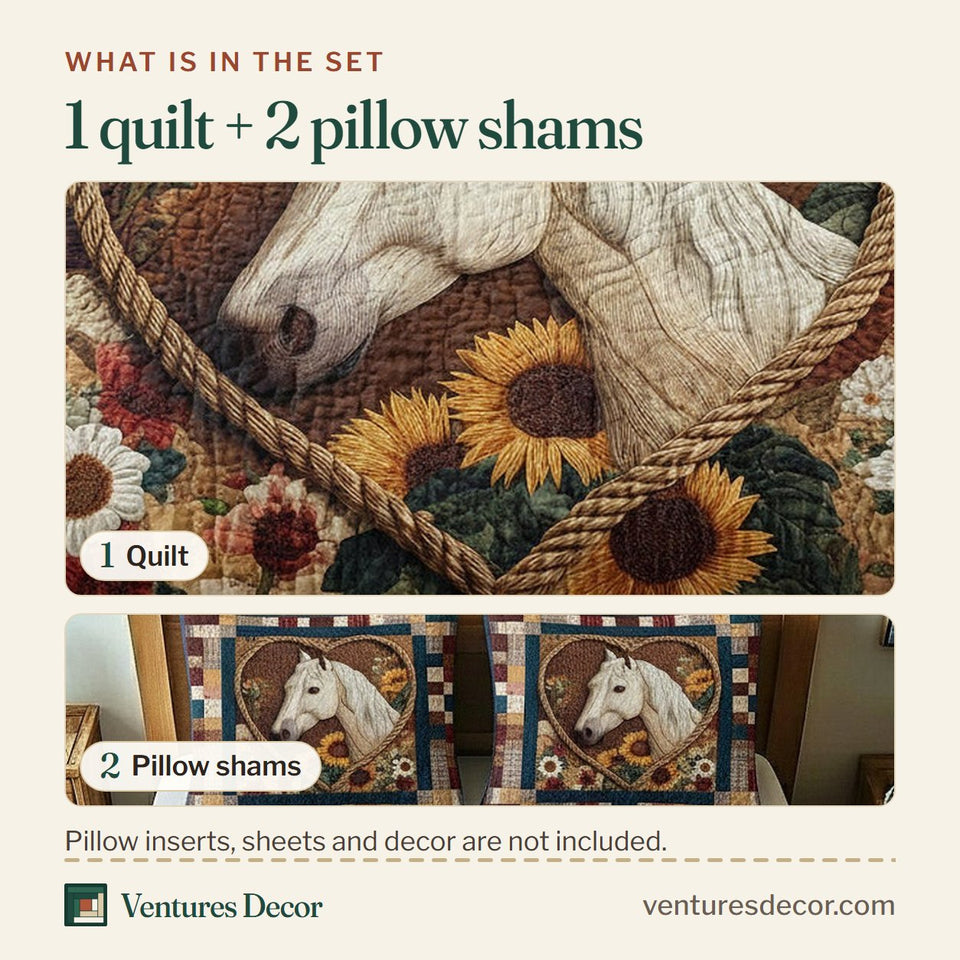 What is in the set: one quilt and two pillow shams, shown in the Rustic Gallop White Mare in a Horseshoe design