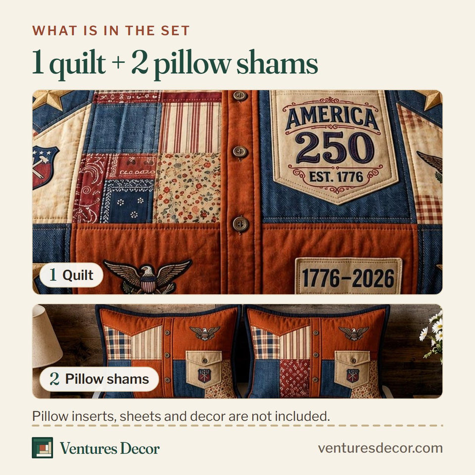 What is in the set: one quilt and two pillow shams, shown in the Rustic Glory 250 Patch design