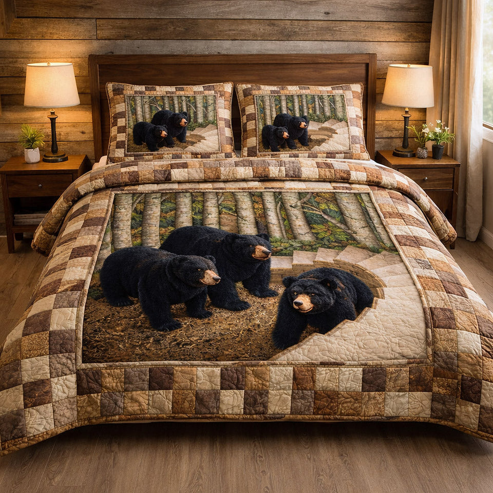Rustic Guardian Checkerboard Bear Trio quilted bedding set, quilt and two pillow shams on a made bed