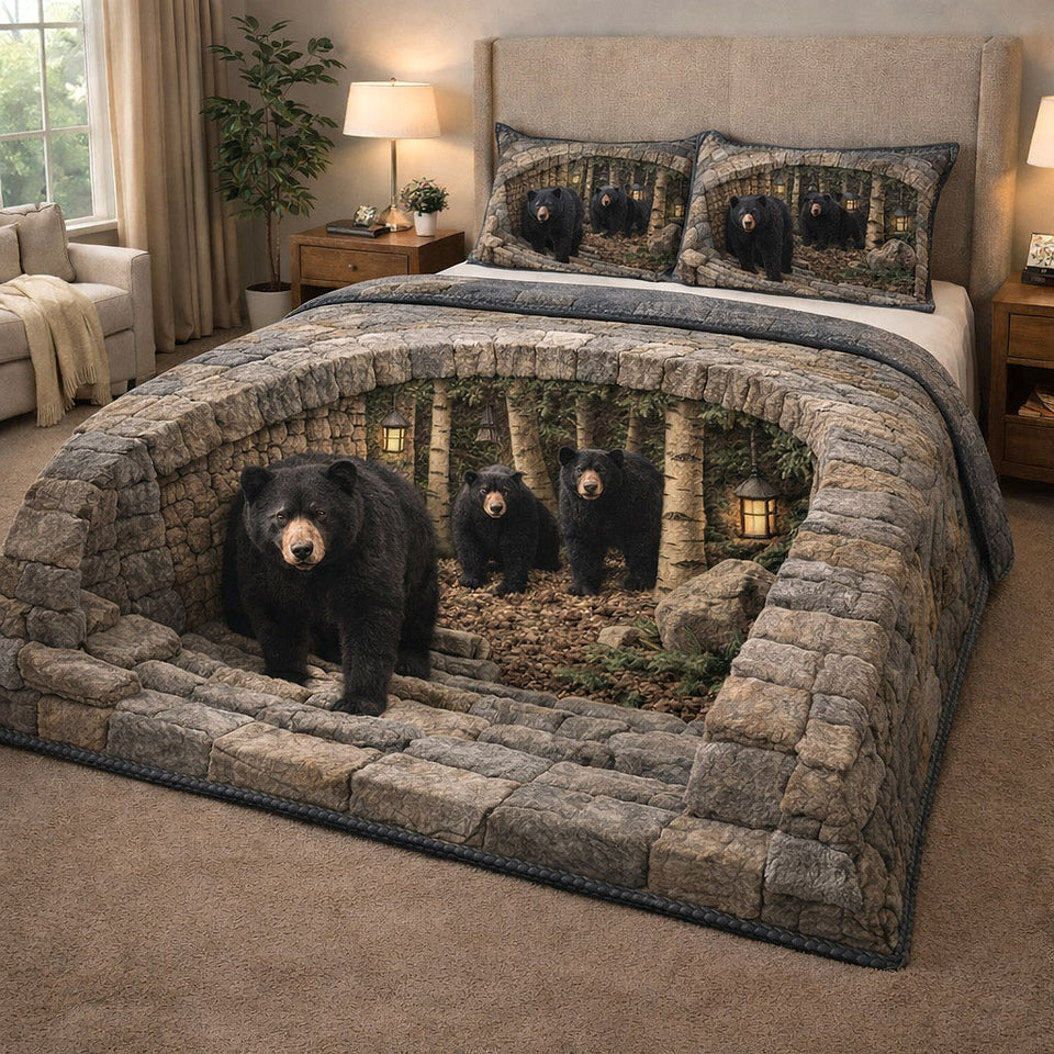 Rustic Guardian Stone Tunnel Arch quilted bedding set, quilt and two pillow shams on a made bed