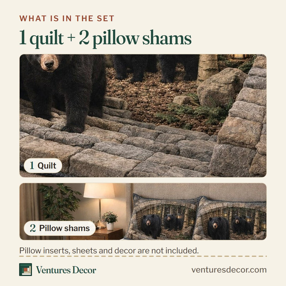 What is in the set: one quilt and two pillow shams, shown in the Rustic Guardian Stone Tunnel Arch design