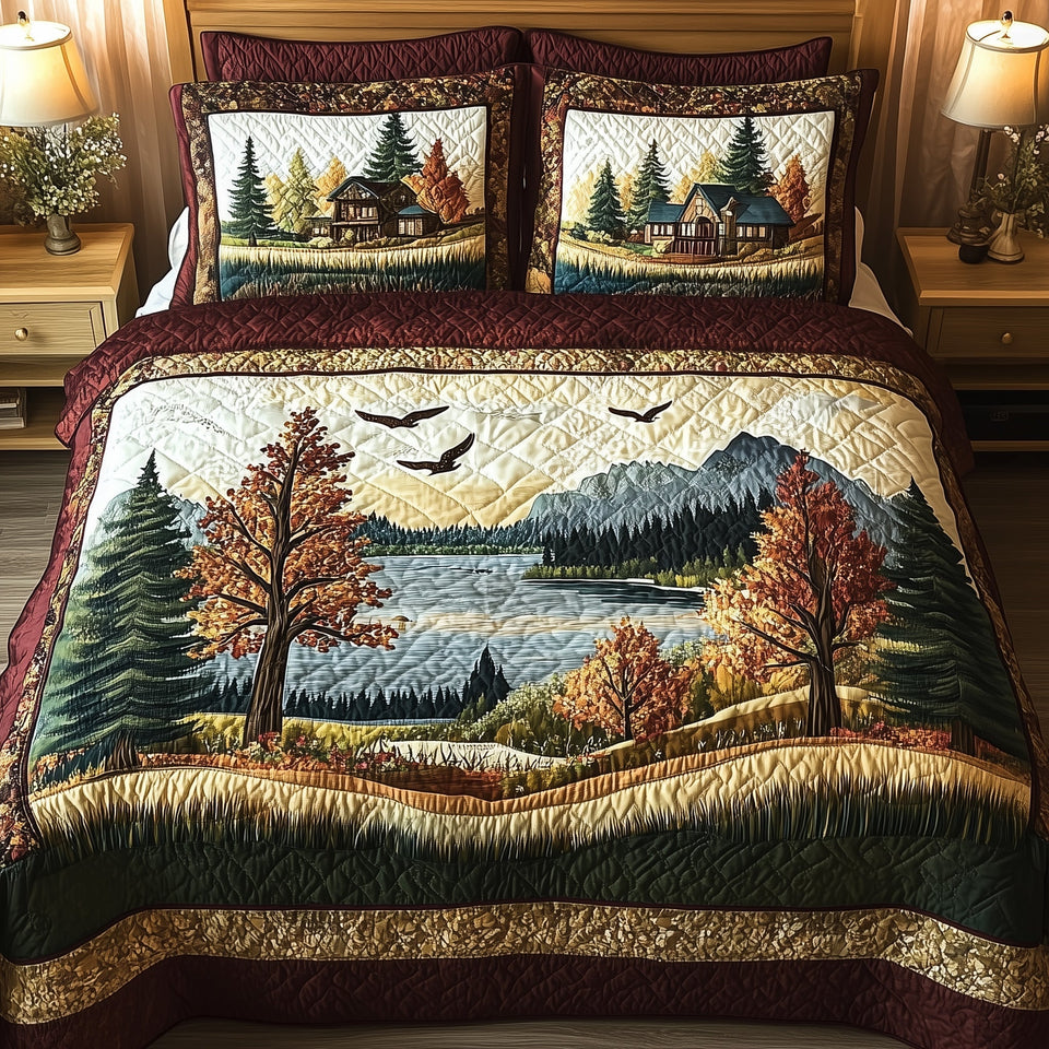 Rustic Harmony Autumn Trees by the Water quilted bedding set, quilt and two pillow shams on a made bed