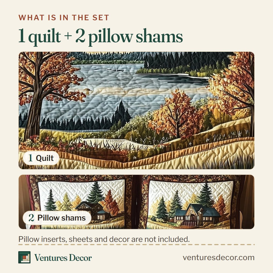 What is in the set: one quilt and two pillow shams, shown in the Rustic Harmony Autumn Trees by the Water design