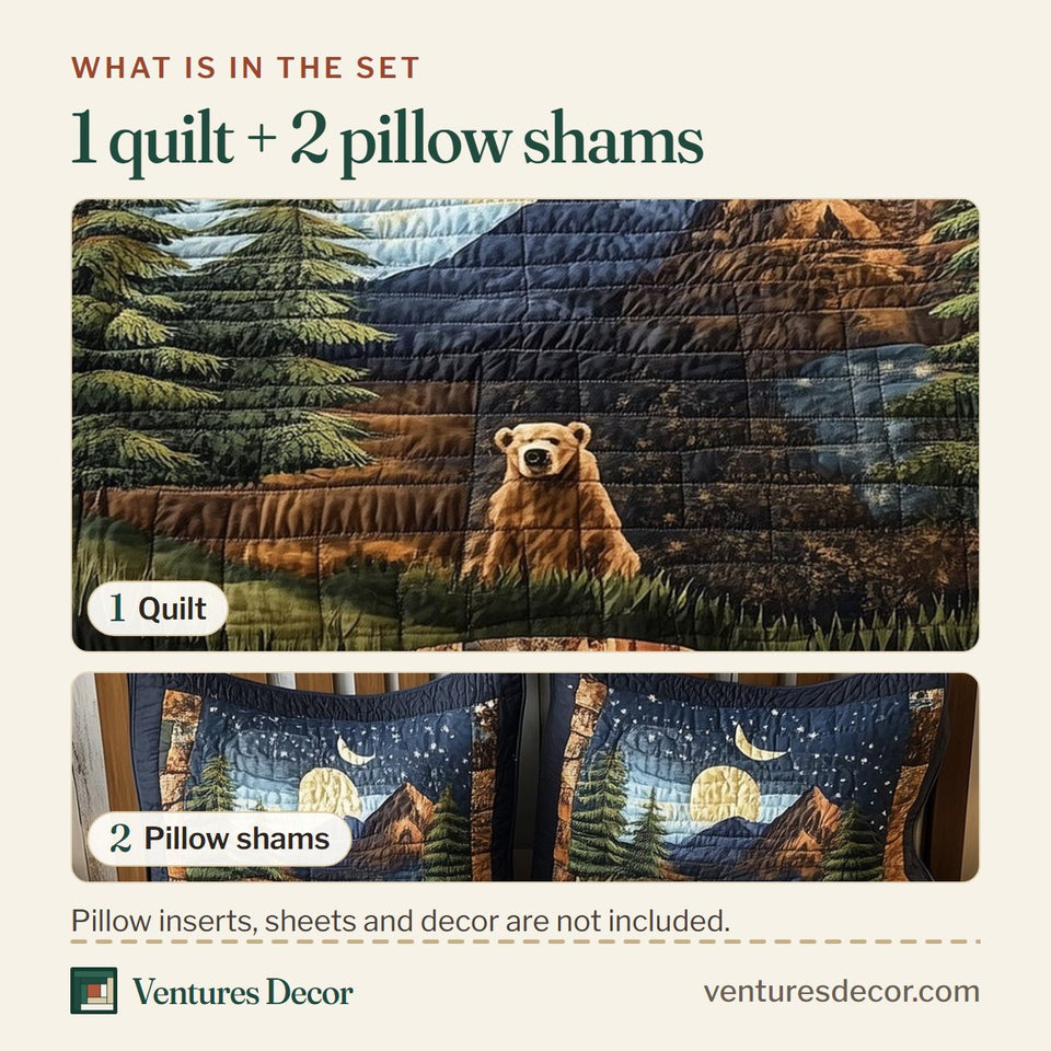 What is in the set: one quilt and two pillow shams, shown in the Rustic Harmony Moonlit Mountain Lake design