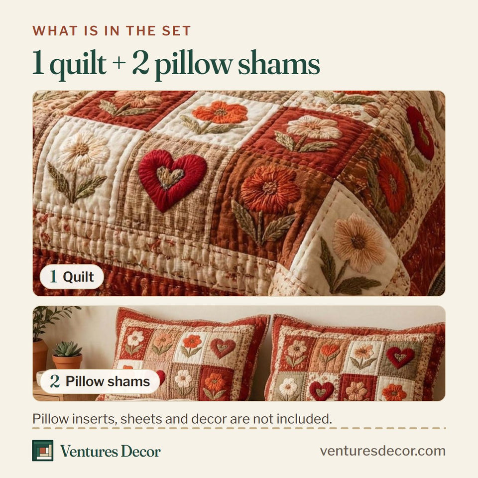 What is in the set: one quilt and two pillow shams, shown in the Rustic Hearts Farmhouse Rows design