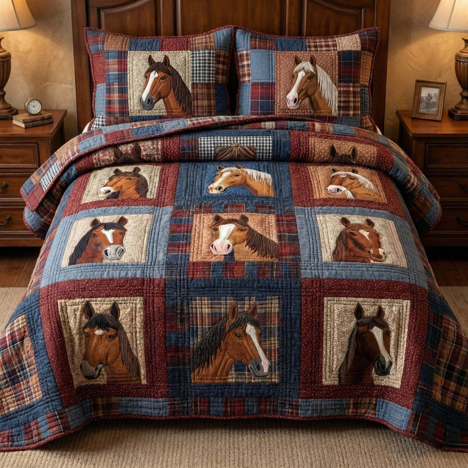 Rustic Herd Plaid Portraits quilted bedding set, quilt and two pillow shams on a made bed