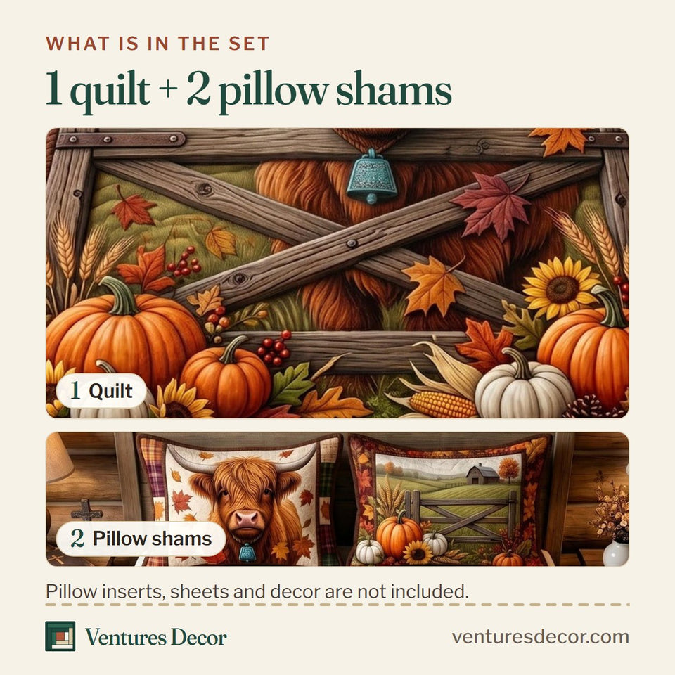 What is in the set: one quilt and two pillow shams, shown in the Rustic Highland design