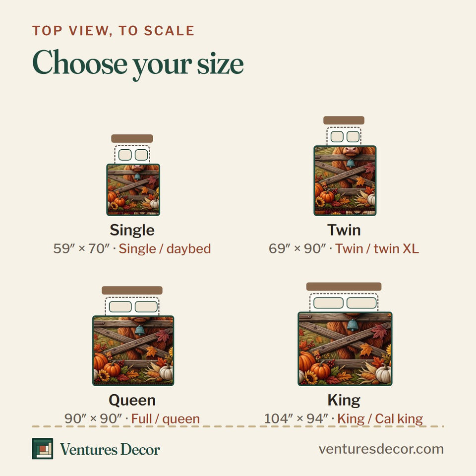Size guide for the Rustic Highland quilt, top view to scale: Single 59 x 70 in, Twin 69 x 90 in, Queen 90 x 90 in, King 104 x 94 in