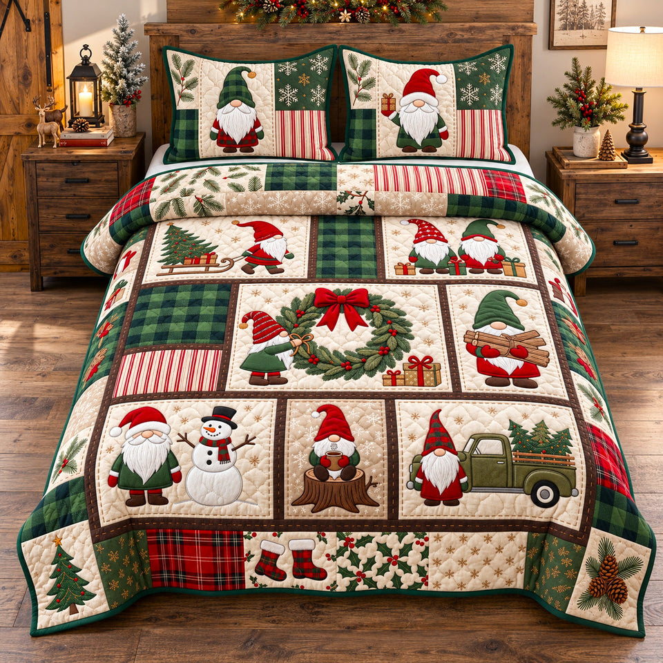 Rustic Holiday Gnome Patchwork quilted bedding set, quilt and two pillow shams on a made bed