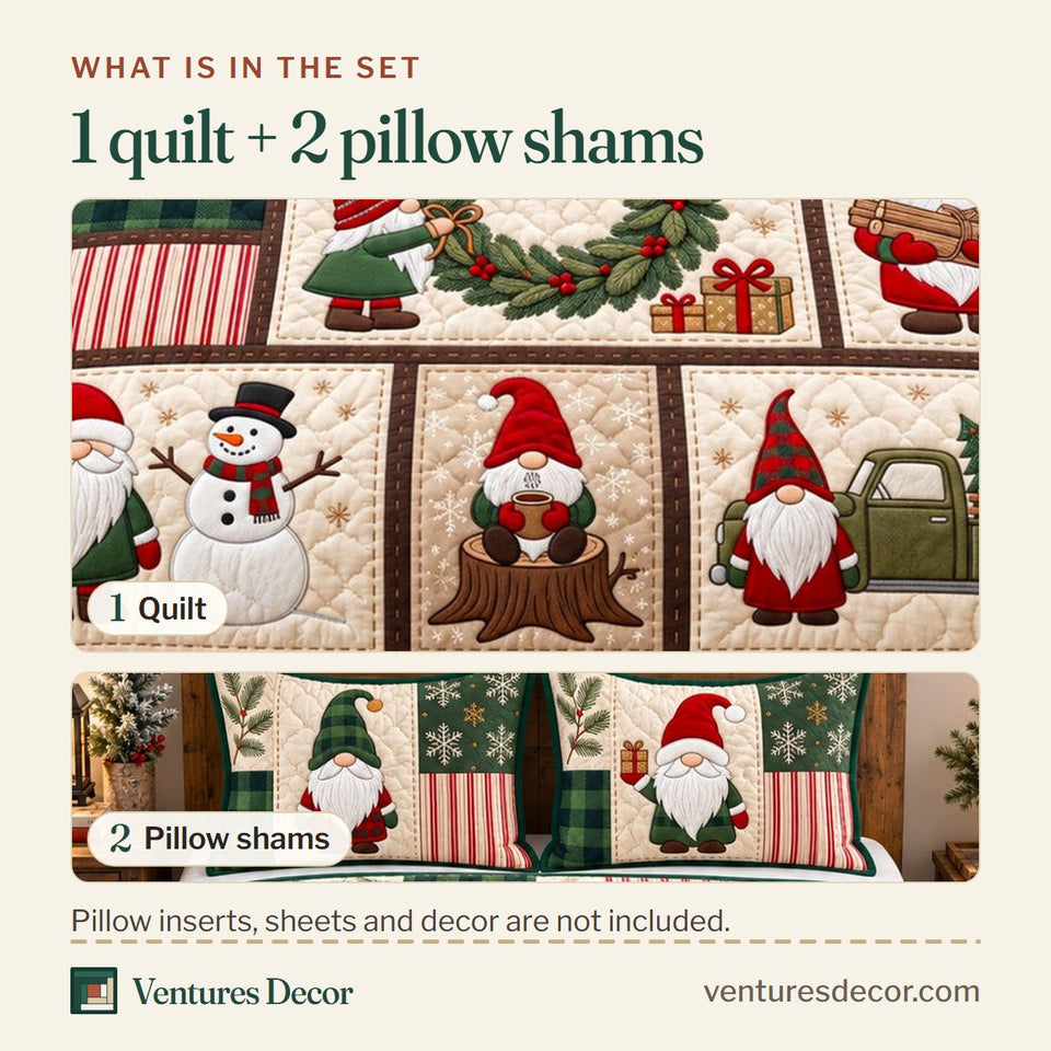 What is in the set: one quilt and two pillow shams, shown in the Rustic Holiday Gnome Patchwork Quilt Set, 3-Piece Quilted Bedding with 2 Pillow Shams design