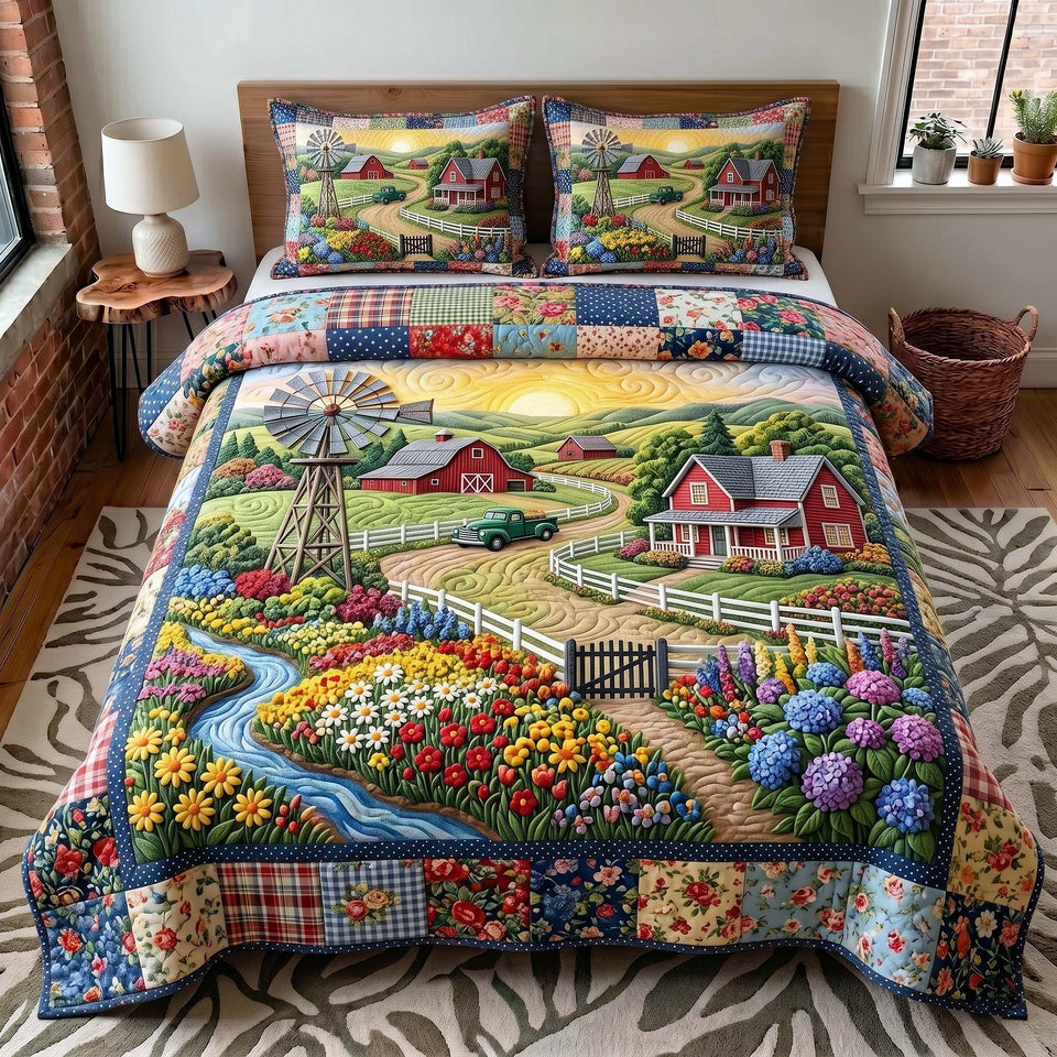 Rustic Homestead Hydrangea Garden Gate quilted bedding set, quilt and two pillow shams on a made bed