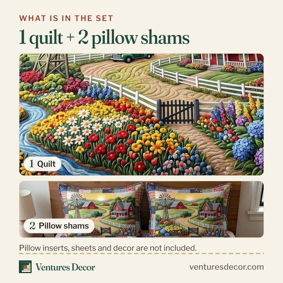 What is in the set: one quilt and two pillow shams, shown in the Rustic Homestead Hydrangea Garden Gate design